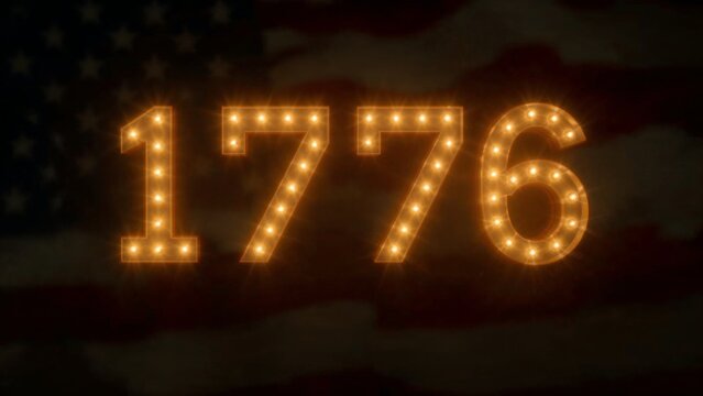 Emitting glow from marquee numerals '1776' casting warm light on stage backdrop, with flag motif