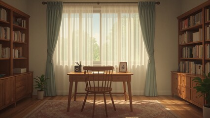 Showing writing desk and spindle-back chair basking in warm light in home study, with bookcases