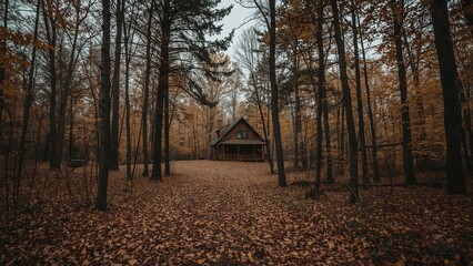 Fototapeta premium Standing wooden pitched roof cabin resting in remote autumn woodland clearing, amid fallen leaves