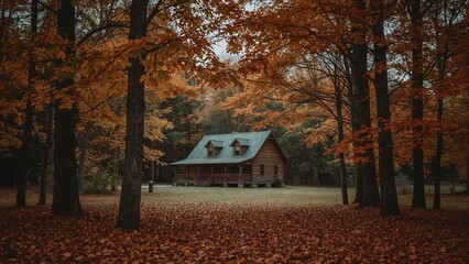 Wooden log cabin standing in forest clearing, with green roof, covered porch, mailbox amid leaves