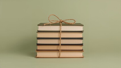 Stack of six hardcover books resting on studio tabletop, tied with natural twine bow