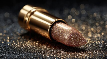 Gold lipstick on glitter, glamorous backdrop