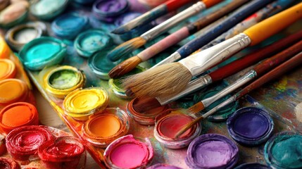 Colorful paint palettes and brushes for art