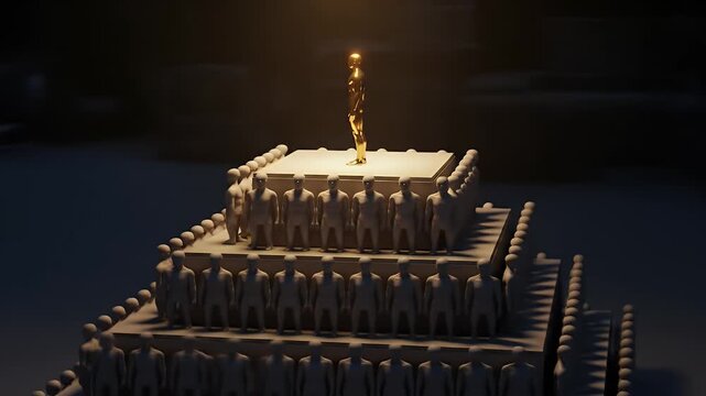 Golden figure stands atop tiered platforms surrounded by figures