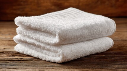 Folded white towels on rustic wooden table; clean, hotel, spa, or home