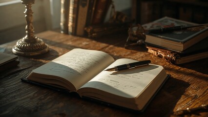 Featuring notebook with cursive writing and fountain pen on study desk with candlestick, book stack