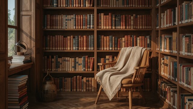 Highlighting wooden armchair draped with beige throw blanket in library nook, with desk lamp