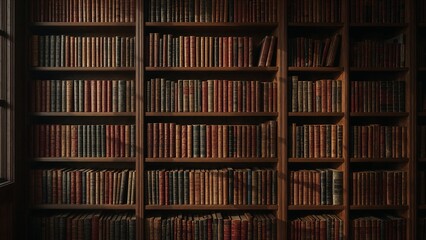 Displaying wooden shelving unit holding leather-bound books in study room, scholarly atmosphere