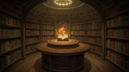 Magical open book emitting orange flames on wooden pedestal in library rotunda with bookshelves