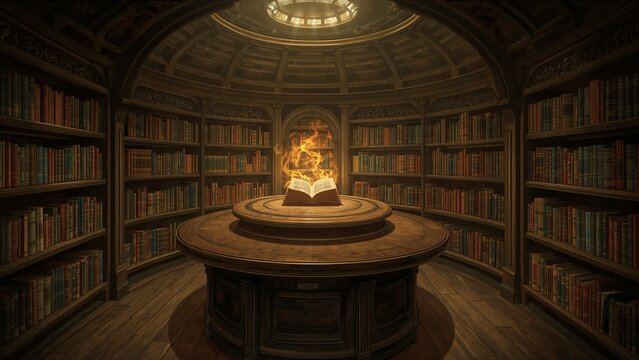 Magical open book emitting orange flames on wooden pedestal in library rotunda with bookshelves - Powered by Adobe