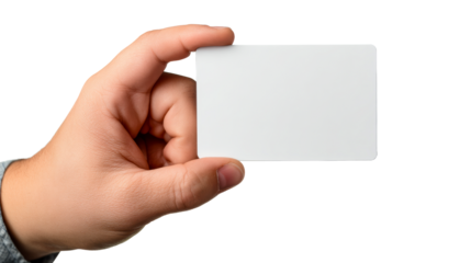 Hand holding blank white card with rounded corners against white background, cut out transparent