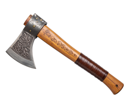 Side View of Single-Bladed Viking Axe with Weathered Metal and Knotwork Etching, isolated on transparent background