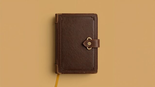 Lying leather-bound notebook on studio tabletop with brass strap closure and yellow ribbon bookmark - Powered by Adobe
