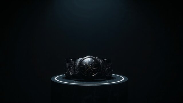 Black wristwatch with spider web and gold accents resting on lit pedestal in dark studio display - Powered by Adobe