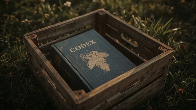 Resting weathered crate holding blue hardcover book titled CODEX in garden, fallen leaves scattered - Powered by Adobe