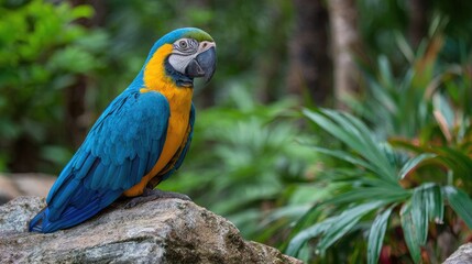 Obraz premium Colorful macaw perched on rock in lush jungle