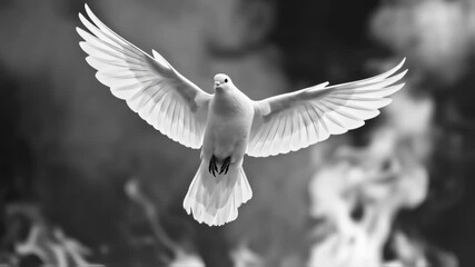 Dove Flying Amidst Smoky Backdrop in Black and White - Powered by Adobe