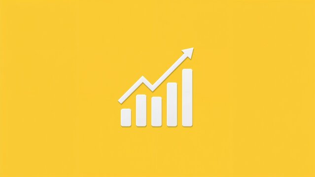 Displaying white ascending bar chart rising on yellow background, with upward trend arrow
