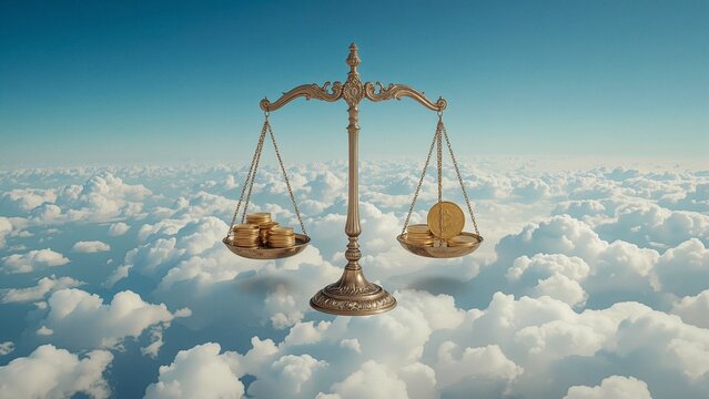 Suspending ornate brass balance scale balancing unequal gold coins above clouds, metalwork gleaming
