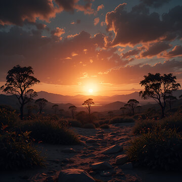 interpretation of an alien vegetation and hypothetical ecosystem on the surface of Proxima b with a dramatic sky and silhouetted vegetation at dusk