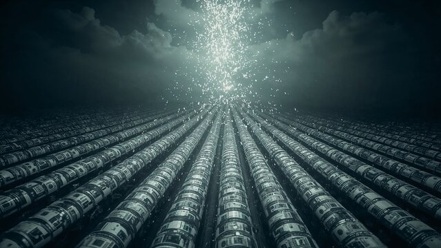 Extending cylindrical dollar rolls on reflective floor in dark vault, with glowing particles rising - Powered by Adobe