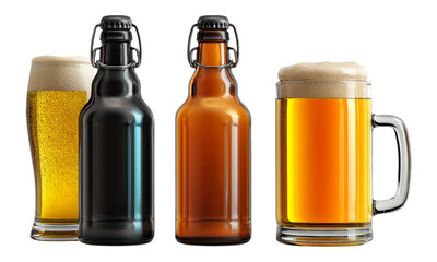 Assorted Beer Bottles and Glass on Transparent Background