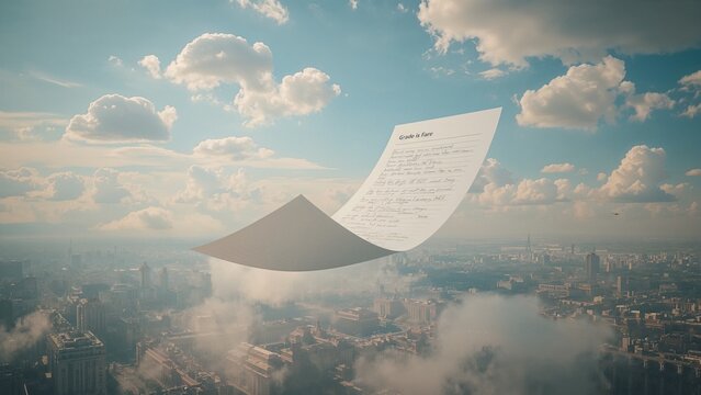 Floating sheet of paper with printed text drifting above modern cityscape, with clouds weaving