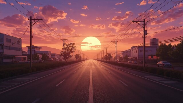Stretching central multi-lane roadway reflecting sunset glow on suburban road, with utility poles - Powered by Adobe