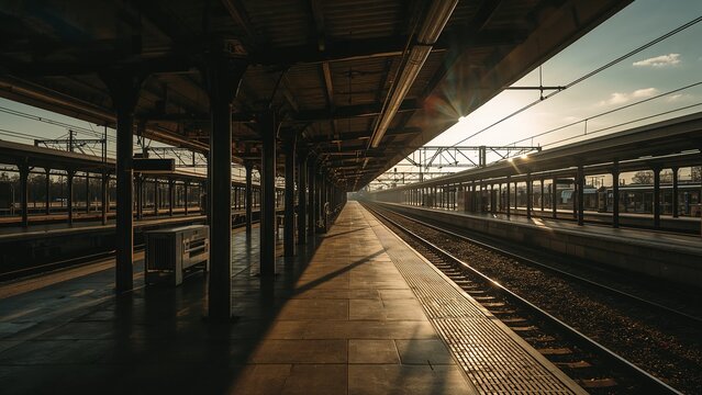 Filtering sunlight through metal canopy columns over station walkway at sunrise, with train tracks