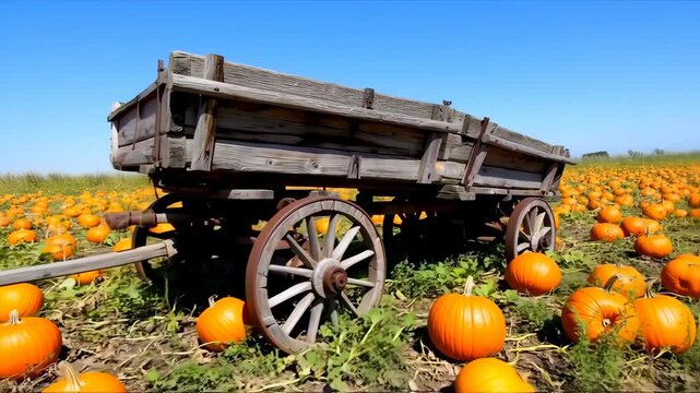 Old wooden wagon in pumpkin patch under a vibrant blue sky