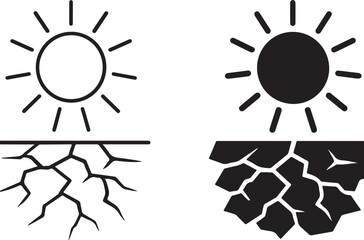 Sun Icon Vector: Drought Symbol, Cracked Earth Sign, Climate Change Illustration, Black and White Vector Graphics.