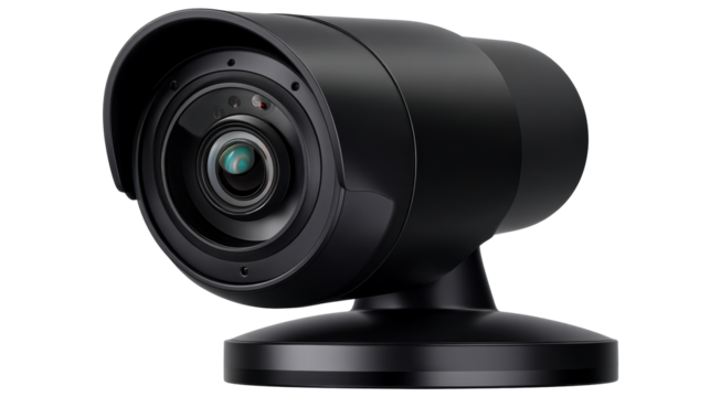 Modern Black Security Camera Lens on White Background, cut out transparent