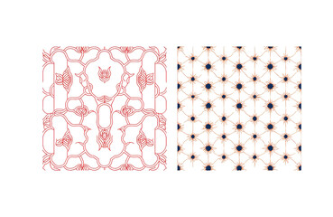 Elegant geometric patterns and intricate floral motifs in striking red and sophisticated navy blue offer timeless decorative appeal for your designs