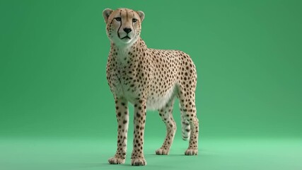 A cheetah standing in a studio with a green background looking to the left side of the frame view green screen animal video - Powered by Adobe