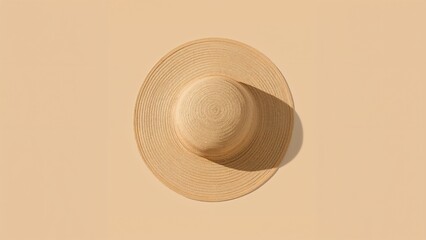 Lying straw sun hat revealing woven pattern on light beige studio surface, casting soft shadow