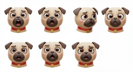 Fototapeta premium Cartoon pug dog faces variety expressions