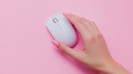 A hand rests on a white computer mouse on a pink background minimalist design