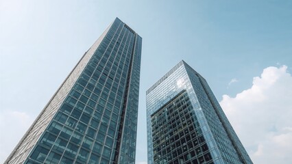 Obraz premium Towering skyscrapers stretching toward sky in downtown, with glass grid pattern and steel framework