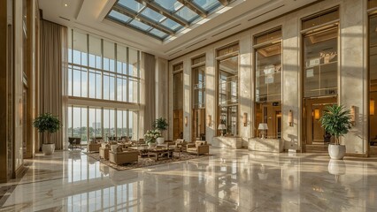 Displaying central seating cluster in luxury hotel lobby, with leather armchairs and coffee tables