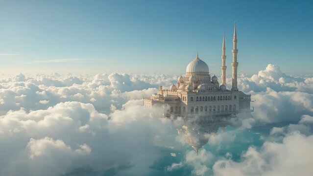 Hovering mosque with turquoise water glimpses in sky above clouds, central dome and two minarets - Powered by Adobe