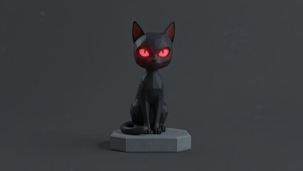 Sitting polygonal black cat statue showing glowing red eyes on gray octagonal pedestal in studio