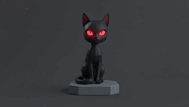 Sitting polygonal black cat statue showing glowing red eyes on gray octagonal pedestal in studio - Powered by Adobe