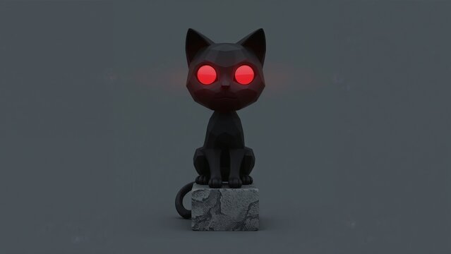 Sitting low-poly black cat sculpture in grey studio on textured pedestal, glowing red eyes - Powered by Adobe