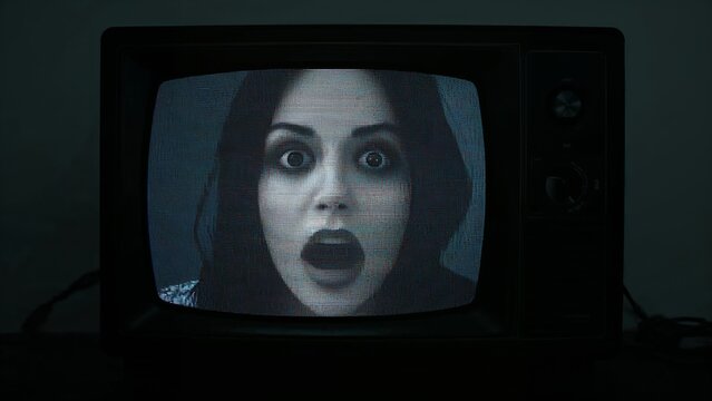 Displaying pale-faced woman screaming on vintage CRT television in dimly lit room, static noise - Powered by Adobe