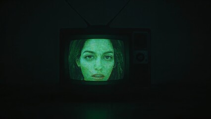 Glowing green screen displaying female face on vintage CRT TV in dark room with V-shaped antenna