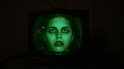 Flickering CRT TV with rabbit-ear antenna displaying green-hued woman's face in dim room