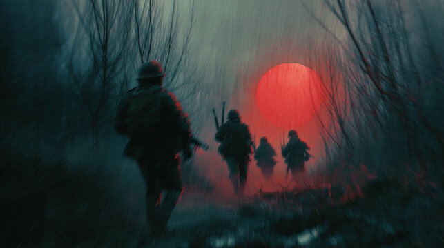 Abstract oil painting of the Group of soldiers walking in the dark woods and red full moon