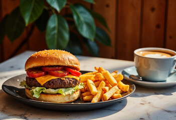 Cheeseburger with Latte Coffee Cup