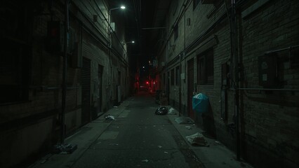 Narrow alley corridor glistening under overhead lamps at night showing trash bags and utility pipes