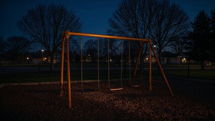 Fototapeta premium Swing set with three empty swings standing in park at night, with woodchip ground, metal fence